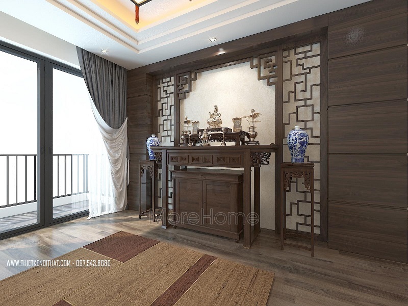 Mẫu bàn thờ gỗ sồi hiện đại với kiểu dáng nhỏ gọn đường nét tinh tế được ưa chuộng tại MoreHome bàn thờ gỗ sồi cao cấp
