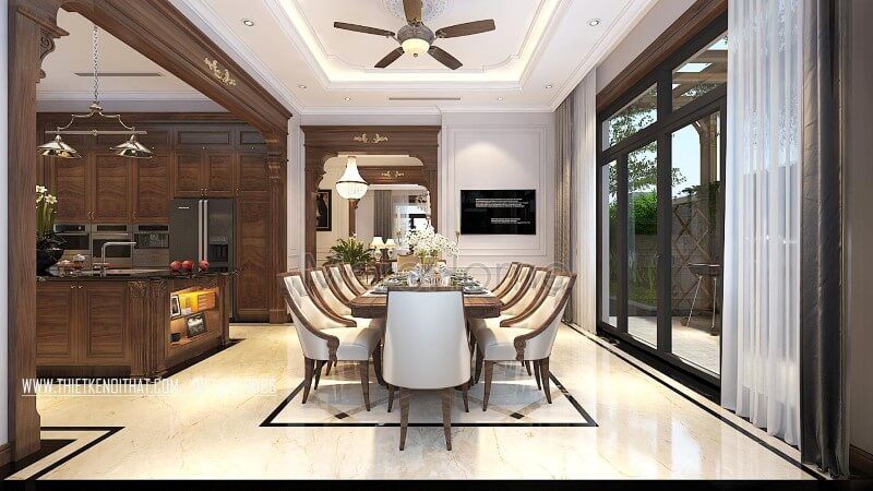 Bộ bàn ăn 10 ghế gỗ óc chó bọc da đẹp đẳng cấp cho nhà biệt thự Vinhomes Greenbay Hà Nội