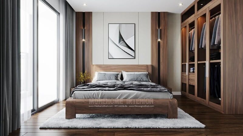 Thiết kế tủ quần áo gỗ óc chó 4 cánh kết hợp kính hiện đại đẹp cao cấp cho nhà chung cư tại hà nội
