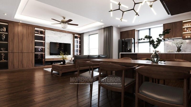 Mẫu bàn ghế ăn bằng gỗ óc chó hiện đại đẹp sang trọng tại căn hộ chung cư Imperia Sky Garden Minh Khai HBT Hà Nội