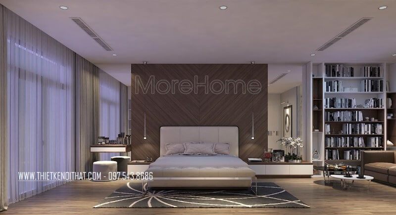 Phòng ngủ là nơi cần nhiều yếu tố tự nhiên và thoải mái nhất nên vậy KTS đã lựa chọn sàn gỗ hài hòa lại không gian phòng