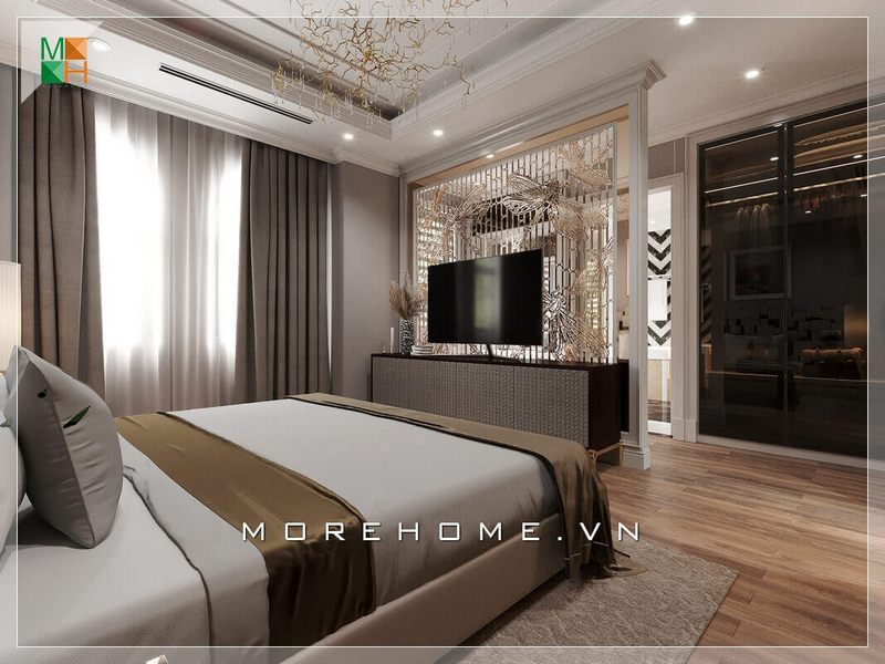 Vẻ đẹp sang trọng của mẫu phòng ngủ được biểu lộ qua việc lựa chọn những chiếc đèn sắc vàng, đèn chùm treo tường mộc mạc và tinh tế.